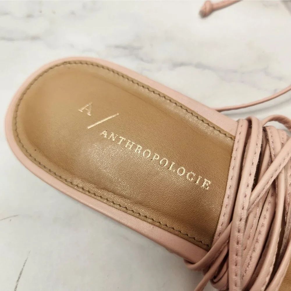 Anthropologie Jewel Embellished Raffia Tie-Up Sandals Flats Pink Women's 9.5 (40